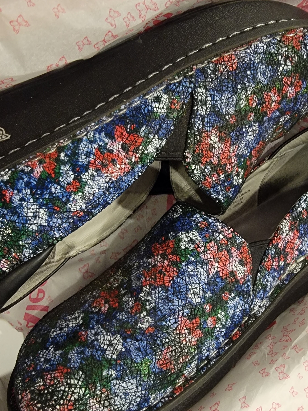 Alegria Black Slip-On Loafers with Blue, Red & Green Floral Print